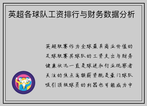 英超各球队工资排行与财务数据分析
