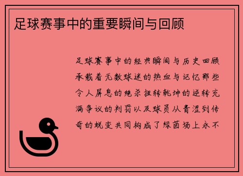 足球赛事中的重要瞬间与回顾