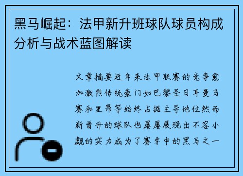 黑马崛起：法甲新升班球队球员构成分析与战术蓝图解读